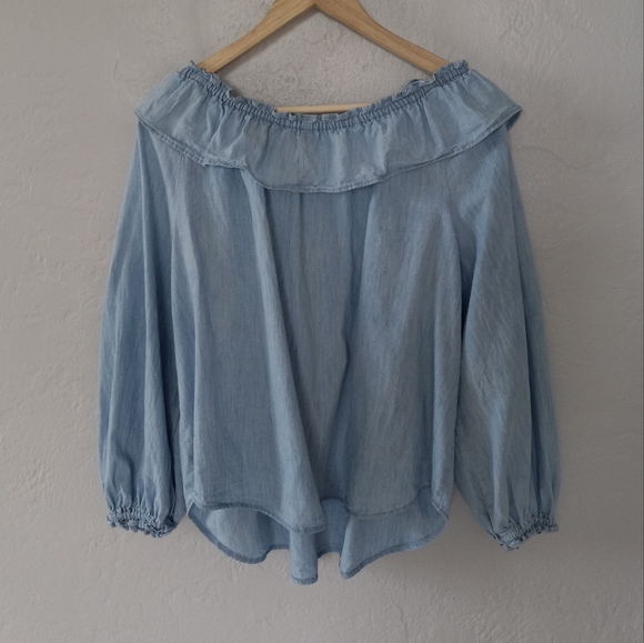 Free People Lily Of The Valley Chambray Ruffled Blouse M - Picture 9 of 14